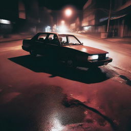 Generate an image with a parked car with headlights on, illuminating the dark surroundings