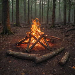 A dramatic scene of a brilliantly blazing bonfire with roaring flames, illuminating a large, sharply-drawn pentagram on the forest floor.