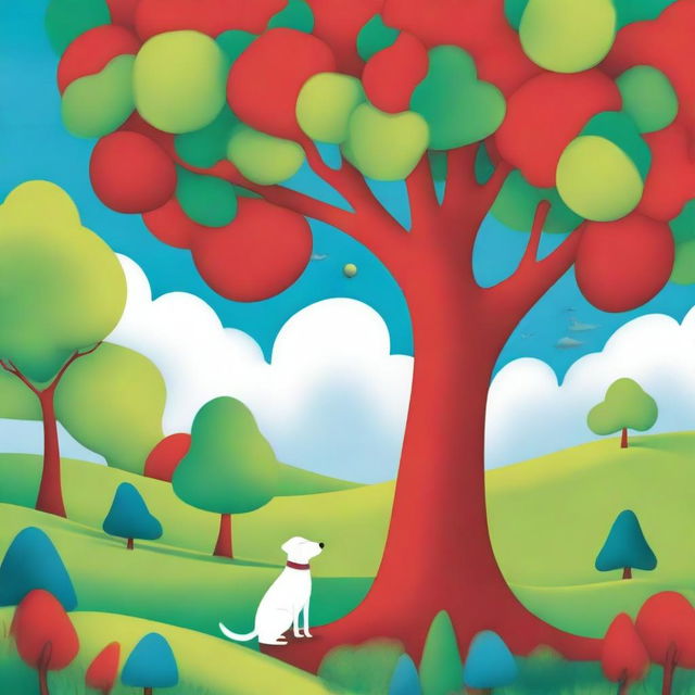 A red tree standing next to a green dog in a whimsical and colorful setting