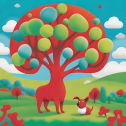 A red tree standing next to a green dog in a whimsical and colorful setting