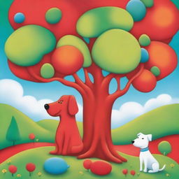 A red tree standing next to a green dog in a whimsical and colorful setting