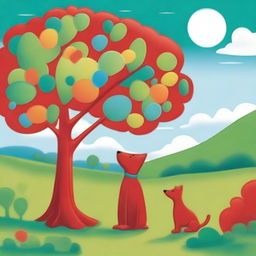 A red tree standing next to a green dog in a whimsical and colorful setting