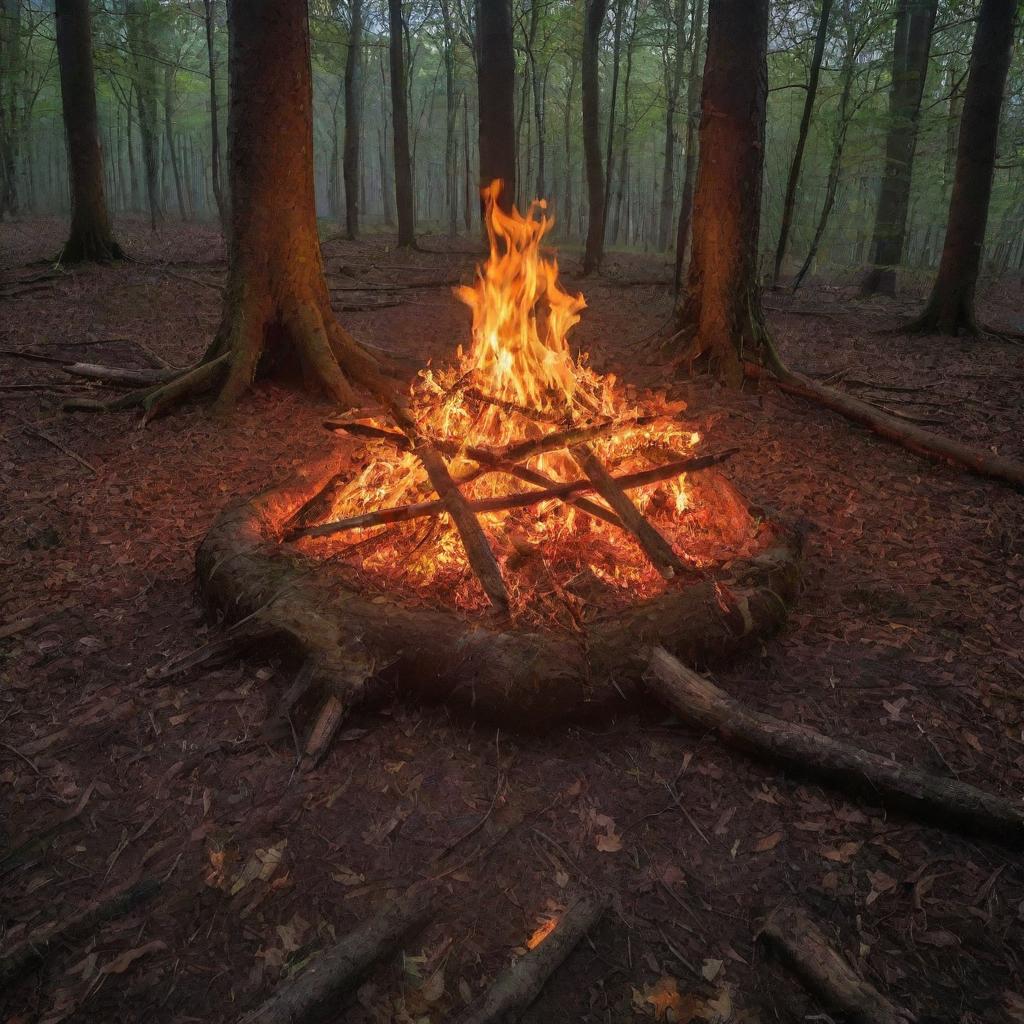 A dramatic scene of a brilliantly blazing bonfire with roaring flames, illuminating a large, sharply-drawn pentagram on the forest floor.