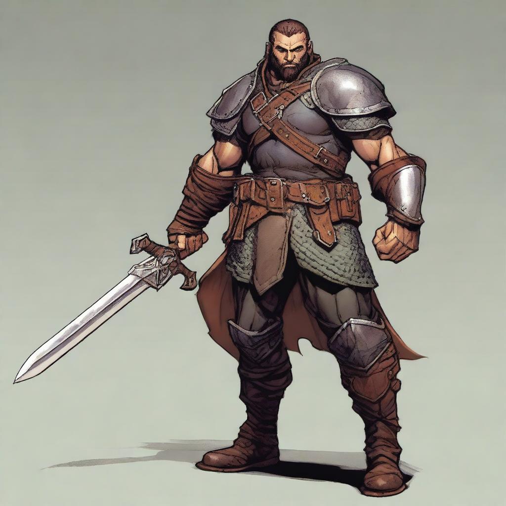 A full-body image of a 35-year-old male ex-military warrior for Dungeons and Dragons
