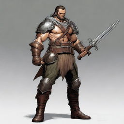 A full-body image of a 35-year-old male ex-military warrior for Dungeons and Dragons