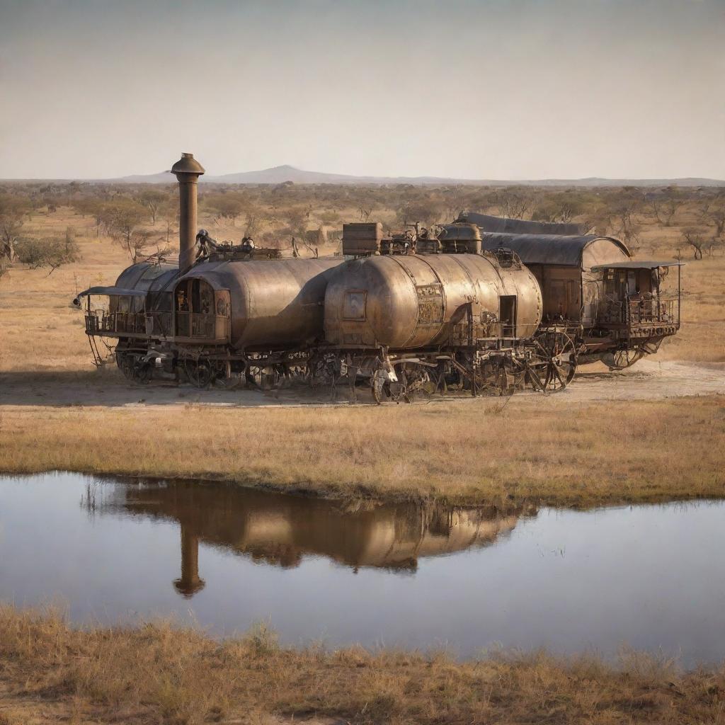 A steampunk-styled reimagining of Botswana, featuring its Kalahari Desert with steam-powered mobile settlements, Gaborone filled with bronze-inlaid structures, and the Okavango Delta teeming with mechanized aquatic wildlife.