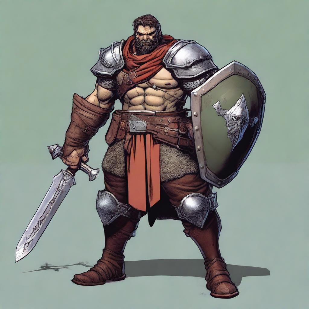 A full-body image of a 35-year-old male ex-military warrior for Dungeons and Dragons