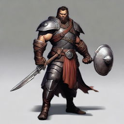 A full-body image of a 35-year-old male ex-military warrior for Dungeons and Dragons