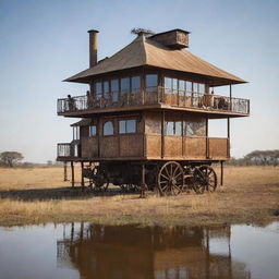 A steampunk-styled reimagining of Botswana, featuring its Kalahari Desert with steam-powered mobile settlements, Gaborone filled with bronze-inlaid structures, and the Okavango Delta teeming with mechanized aquatic wildlife.