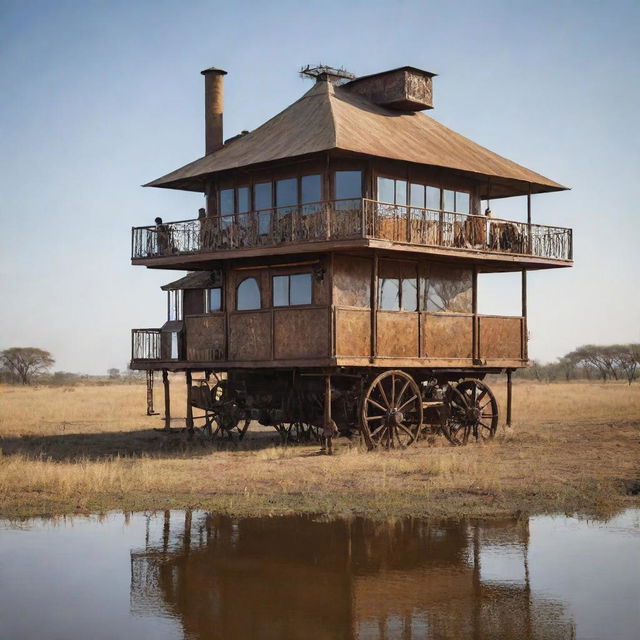 A steampunk-styled reimagining of Botswana, featuring its Kalahari Desert with steam-powered mobile settlements, Gaborone filled with bronze-inlaid structures, and the Okavango Delta teeming with mechanized aquatic wildlife.