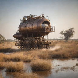 A steampunk-styled reimagining of Botswana, featuring its Kalahari Desert with steam-powered mobile settlements, Gaborone filled with bronze-inlaid structures, and the Okavango Delta teeming with mechanized aquatic wildlife.