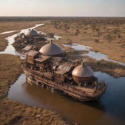 A steampunk-styled reimagining of Botswana, featuring its Kalahari Desert with steam-powered mobile settlements, Gaborone filled with bronze-inlaid structures, and the Okavango Delta teeming with mechanized aquatic wildlife.