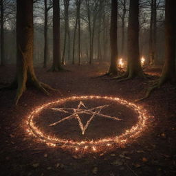 An enchanting woodland scene at night featuring a mystical, flaming pentagram etched on the ground, creating a bewitching atmosphere.