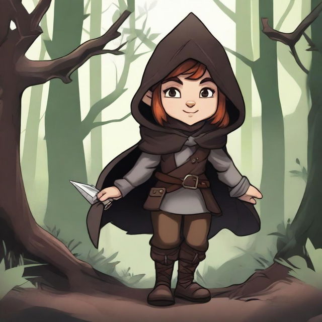 A detailed illustration of a female gnome rogue character for Dungeons & Dragons