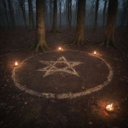 An enchanting woodland scene at night featuring a mystical, flaming pentagram etched on the ground, creating a bewitching atmosphere.