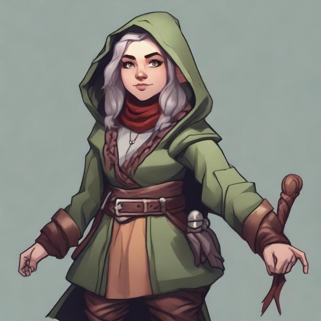 Create detailed character art of a gnome woman in the Rogue class for Dungeons and Dragons