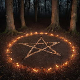 An enchanting woodland scene at night featuring a mystical, flaming pentagram etched on the ground, creating a bewitching atmosphere.