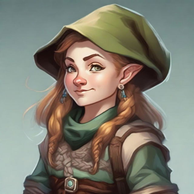 Create detailed character art of a gnome woman in the Rogue class for Dungeons and Dragons