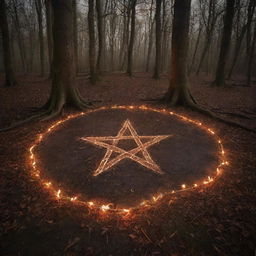 An enchanting woodland scene at night featuring a mystical, flaming pentagram etched on the ground, creating a bewitching atmosphere.