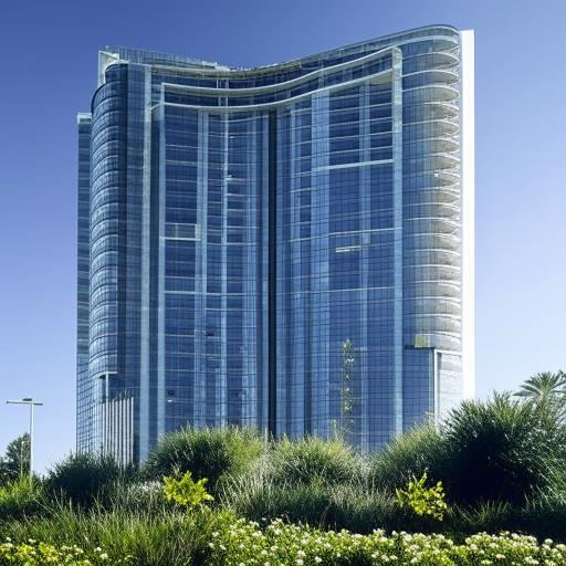 A towering modern hotel with sleek architecture, large glass windows, and sophisticated design.