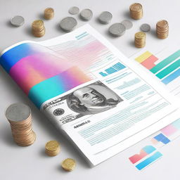 Generate a hyper-realistic image showing a combination of money, including coins and banknotes, along with graphs of price trends