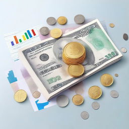 Generate a hyper-realistic image showing a combination of money, including coins and banknotes, along with graphs of price trends