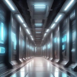 Create an illustration of a technological spaceship corridor in a science fiction setting