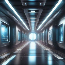 Create an illustration of a technological spaceship corridor in a science fiction setting