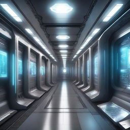 Create an illustration of a technological spaceship corridor in a science fiction setting