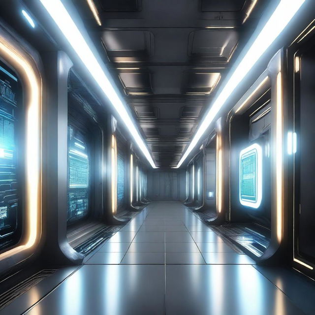 Create an illustration of a technological spaceship corridor in a science fiction setting