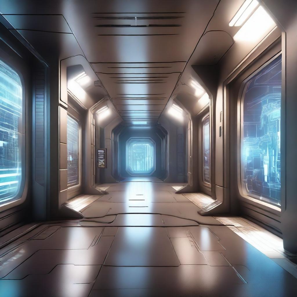 Create an illustration of a technological spaceship corridor in a science fiction setting