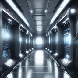 Create an illustration of a technological spaceship corridor in a science fiction setting