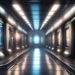 Create an illustration of a technological spaceship corridor in a science fiction setting