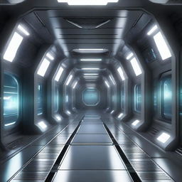 Create an illustration of a technological spaceship corridor in a science fiction setting