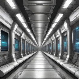 Create a drawing of a technological spaceship corridor in a science fiction setting