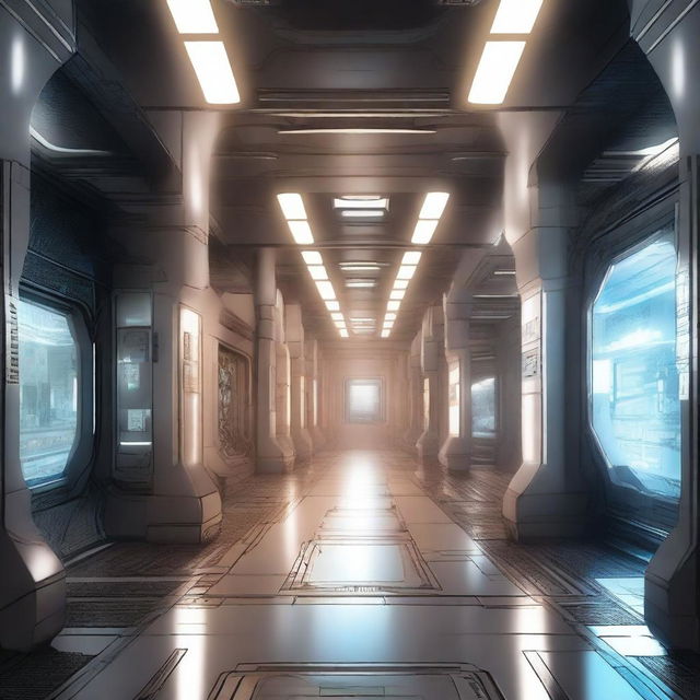 Create a drawing of a technological spaceship corridor in a science fiction setting