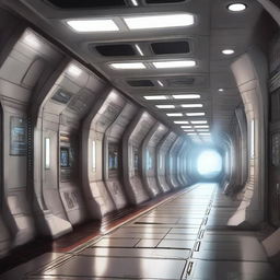 Create a drawing of a technological spaceship corridor in a science fiction setting