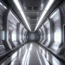 Create a drawing of a technological spaceship corridor in a science fiction setting