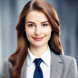 A realistic depiction of a cute European girl, 24 years old, dressed in office style attire