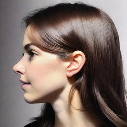 A profile image of a white girl with dark brown hair, shown from the side