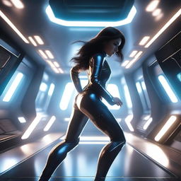 A white girl with dark brown hair is trying to escape from a futuristic sci-fi spaceship