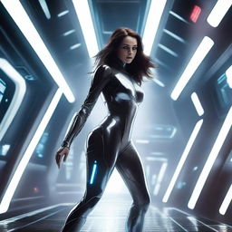 A white girl with dark brown hair is trying to escape from a futuristic sci-fi spaceship