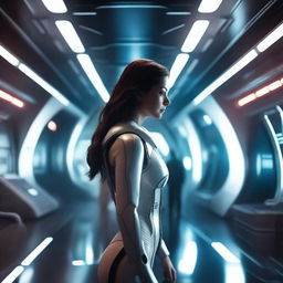 A white girl with dark brown hair is trying to escape from a futuristic sci-fi spaceship