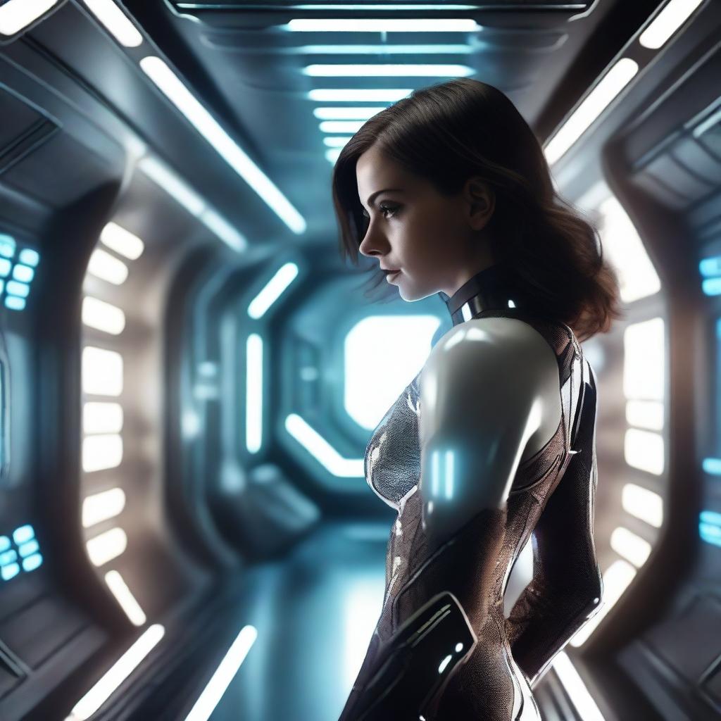 A white girl with dark brown hair is trying to escape from a futuristic sci-fi spaceship