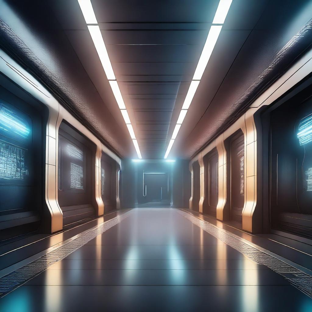 Create an illustration of a technological spaceship corridor in a science fiction setting