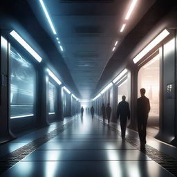 Create an illustration of a technological spaceship corridor in a science fiction setting