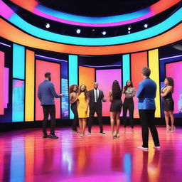 A vibrant and dynamic scene from a reality TV show, featuring diverse contestants engaging in a dramatic challenge