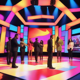 A vibrant and dynamic scene from a reality TV show, featuring diverse contestants engaging in a dramatic challenge