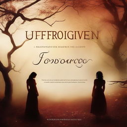 Create a mature, provocative romance book cover with the title 'Unforgiven' in a fantasy style