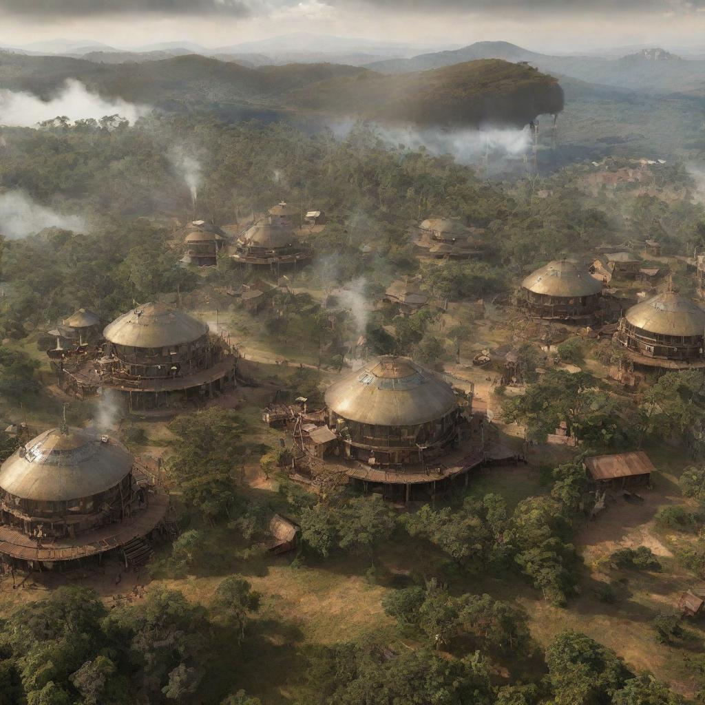 A visualization of Eswatini (Swaziland) with a steampunk overlay: imagine traditional Swazi huts replaced with steam-powered dwellings, forest reserves populated with gear-engraved wildlife, and airships floating majestically over Hlane Royal National Park.